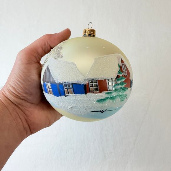 Handpainted Vintage Christmas Ornament Winter Scene with Houses and Trees - Picture 2 of 9
